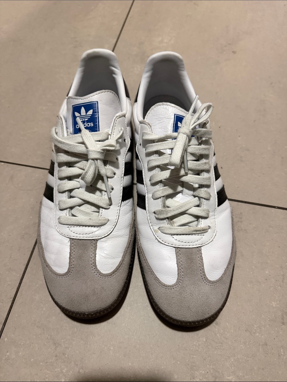 Adidas White Sneakers with Black Stripes and Gray Suede Accents